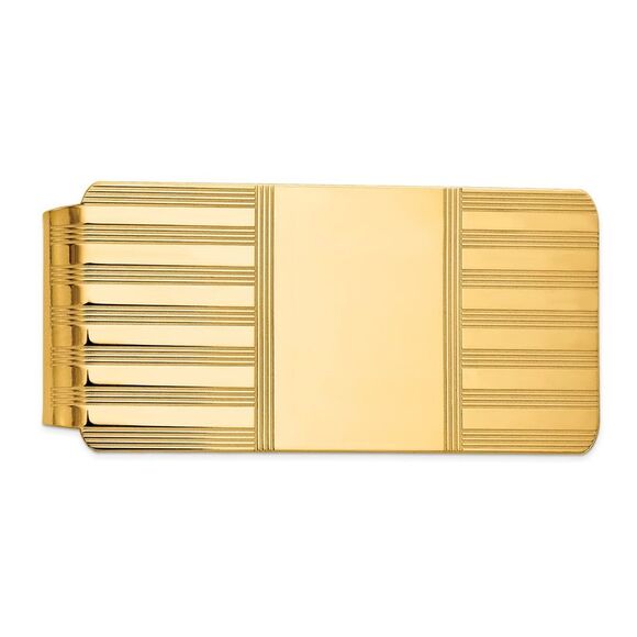 Men's 14k Yellow Gold Striped Engravable Center Fold-Over Money Clip - Picture 1 of 4